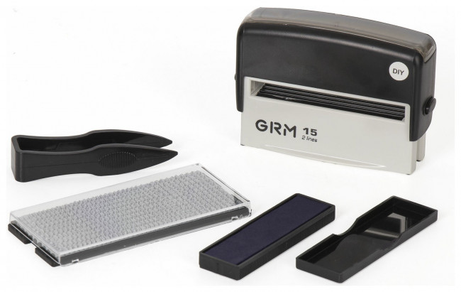 Штамп самонаборный 2-строчный, оттиск 69х10 мм, синий без рамки, GRM 15, КАССА В КОМПЛЕКТЕ