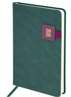 Ежедневник датированный 2026 А5 138х213 мм, BRAUBERG "Accent", под кожу, держатель, зеленый/бордо, 117387