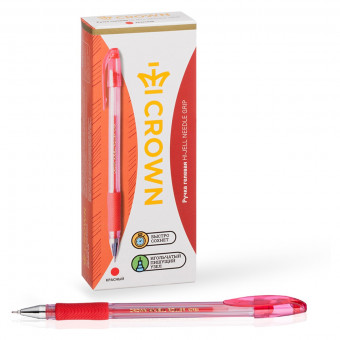 Ручка гелевая Crown "Hi-Jell Needle Grip" красная, 0,7мм, грип, игольчатый стержень