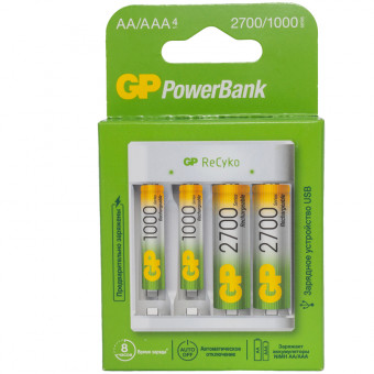 Зарядное устройство GP E411270/100-2CRB4 + 2шт акк. AA (HR06) 2700mAh+ 2шт акк. AAA (HR03) 1000mAh (USB)