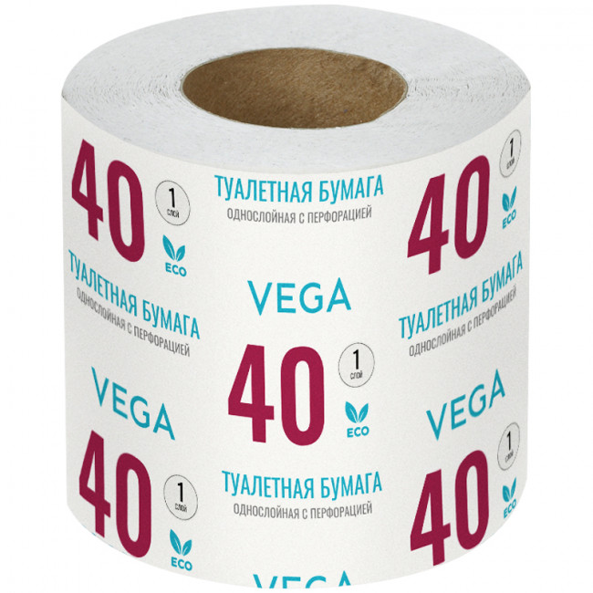 Бумага туалетная Vega, 1-слойная, 40м/рул., на втулке, с перф., серая Бумага туалетная Vega, 1-слойная, 40м/рул., на втулке, с перф., серая