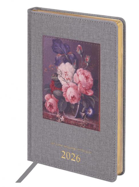 Ежедневник датированный 2026 А5 138х213 мм, BRAUBERG "ArtGallery", под кожу, нашивка, серый, 117406