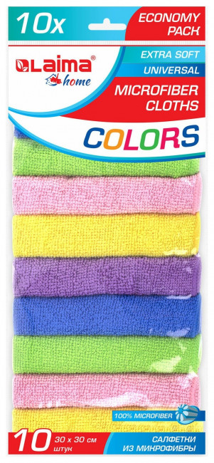 Салфетка из микрофибры 30х30 см "MULTI COLOUR ECONOMY PACK 10", КОМПЛЕКТ 10 шт., LAIMA HOME