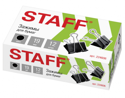 Зажим д/бумаг 19мм STAFF, КОМПЛЕКТ 12шт., 19мм, на 60 л., черные, в карт.коробке