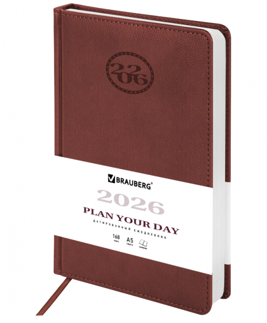 Ежедневник датированный 2026, А5, 138x213 мм, BRAUBERG "Favorite", под кожу, коричневый, 117035