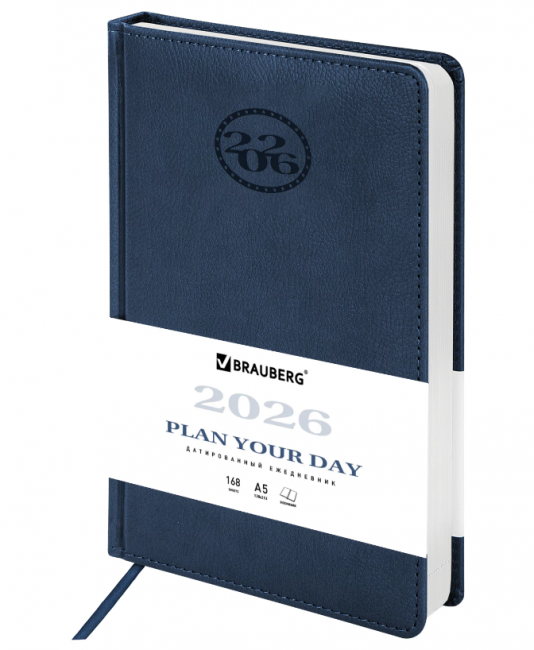 Ежедневник датированный 2026, А5, 138x213 мм, BRAUBERG "Favorite", под кожу, темно-синий, 117036