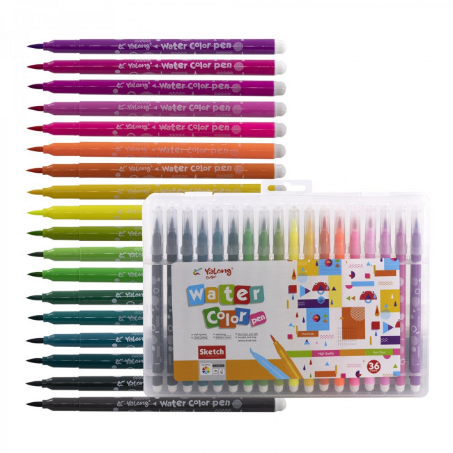 Фломастеры-кисточки 36 цв, круглый корпус "Геометрия", вентилируемый колпачок, в пластиковом пенале, Yalong/YL201816-36 Фломастеры-кисточки 36 цв, круглый корпус "Геометрия", вентилируемый колпачок, в пластиковом пенале, Yalong/YL201816-36