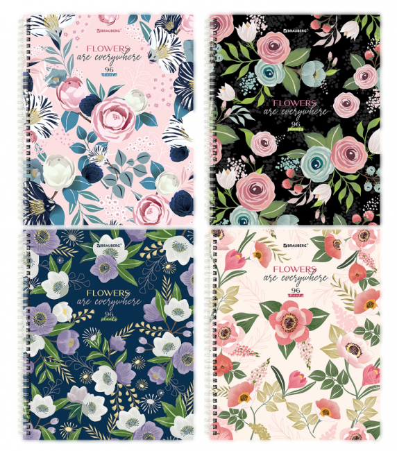 Тетрадь А5 96 л. BRAUBERG, гребень, клетка, твёрдая обложка, "Flowers" (микс в спайке), 404444