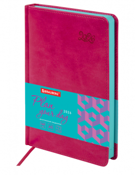 Ежедневник датированный 2026, А5, 138x213 мм, BRAUBERG "Rainbow", под кожу, розовый, 117078