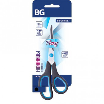 Ножницы BG "Flexy" 16,5 см, эргономичная пластиковая ручка, резиновые вставки, черно-синиe, европодвес (12)
