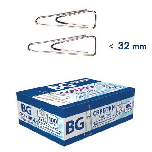 Скрепки 32 мм. BG 100 шт., никелированные треугольные, с отогнутым носиком (10) Скрепки 32 мм. BG 100 шт., никелированные треугольные, с отогнутым носиком (10)