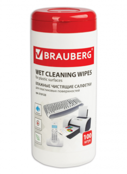 Салфетки для пластиковых поверхностей BRAUBERG, 13х17 см, туба 100 шт., влажные, 510123