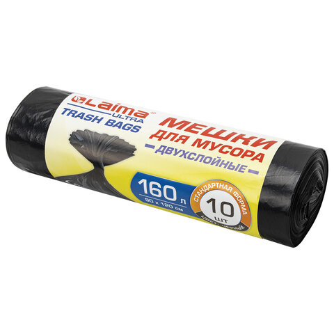 Мешки для мусора LAIMA "ULTRA" 160 л черные, рулон 10 шт. прочные, ПВД 30 мкм, 90х120 см