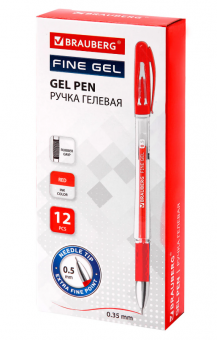 Ручка гелевая с грипом BRAUBERG "Fine Gel", КРАСНАЯ, игольчатый узел 0,5 мм, линия письма 0,35 мм, 141181