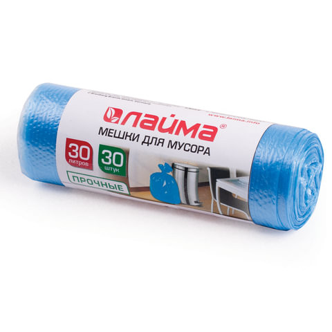 Мешки д/мусора 30л, синие, в рулоне 30шт, ПНД, 10мкм, 50х60см(+5%), прочные, ЛАЙМА