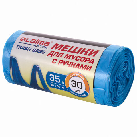 Мешки для мусора с ручками LAIMA ULTRA 35 л, синие 30 шт., прочные, ПНД 9 мкм, 50х54 см