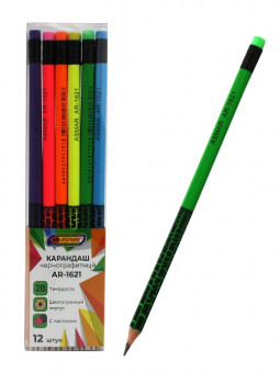 Карандаш чернографитный с ластиком, шестигранный корпус, твердость 2В, яркий корпус