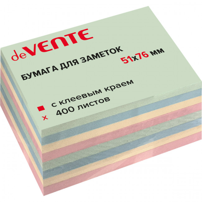 Клейкая бумага для заметок 51x76мм, 400 листов, офсет 75 г/м², 4 пастельных цвета, deVENTE