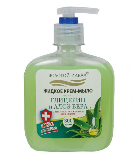 Мыло-крем жидкое 300 г ЗОЛОТОЙ ИДЕАЛ "Глицерин и алоэ вера",с антибактериальным эффектом, дозатор, 606412 Мыло-крем жидкое 300 г ЗОЛОТОЙ ИДЕАЛ "Глицерин и алоэ вера",с антибактериальным эффектом, дозатор, 606412
