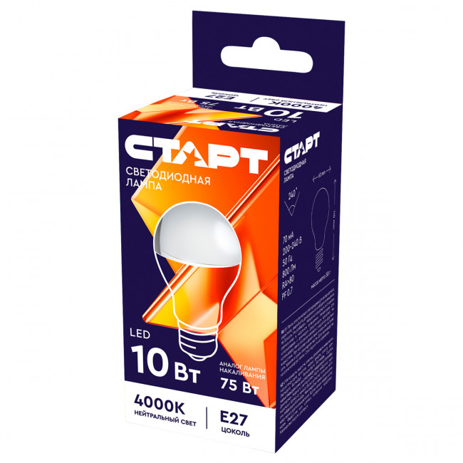 Лампа светодиодная Старт LED, серия "WS" 10W40, тип А "груша", E27, 4000К, нейтральный свет, 25000ч