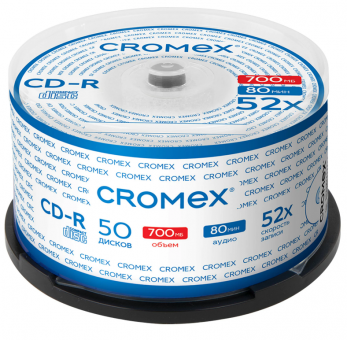 Диск CD-R CROMEX (КРОМЕКС), 700 Mb, 52x, Cake Box (упаковка на шпиле), КОМПЛЕКТ 50 шт., 513772