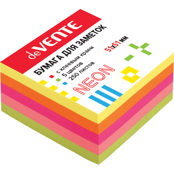Клейкая бумага для заметок "Attomex" 51x51 мм, 250 листов, офсет 75 г/м², 5 неоновых цветов