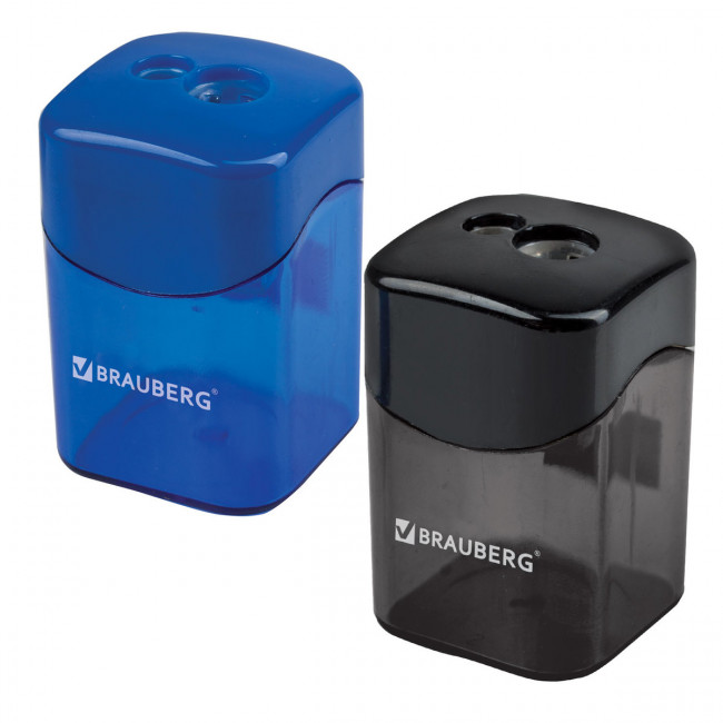 Точилка BRAUBERG "Win", 2 отверстия для чернографитных карандашей (в том числе утолщенных), с большим контейнером, с крышкой, ассорти