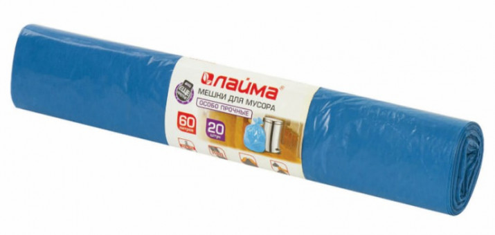 Мешки для мусора 60 л синие в рулоне 20 шт. особо прочные, ПВД 30 мкм, 60х70 см, LAIMA
