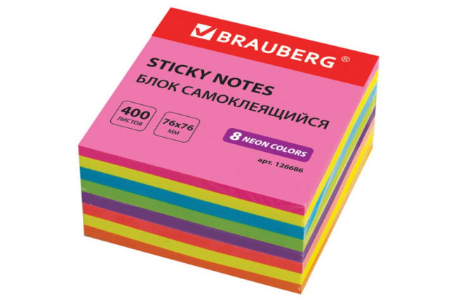 Блок самоклеящийся (стикеры), BRAUBERG, НЕОНОВЫЙ, 76х76 мм, 400 листов, 8 цветов
