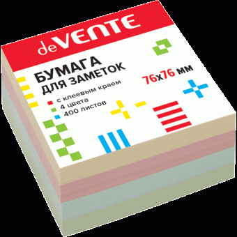 Клейкая бумага для заметок 76x76мм, 400 листов, офсет 75 г/м², 4 пастельных цвета, deVENTE