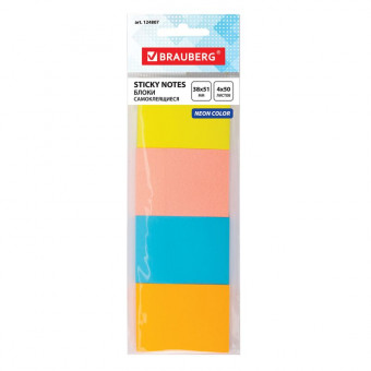 Блок самоклеящийся (стикеры), BRAUBERG, НЕОНОВЫЙ, 38х51 мм, 4 цвета х 50 листов