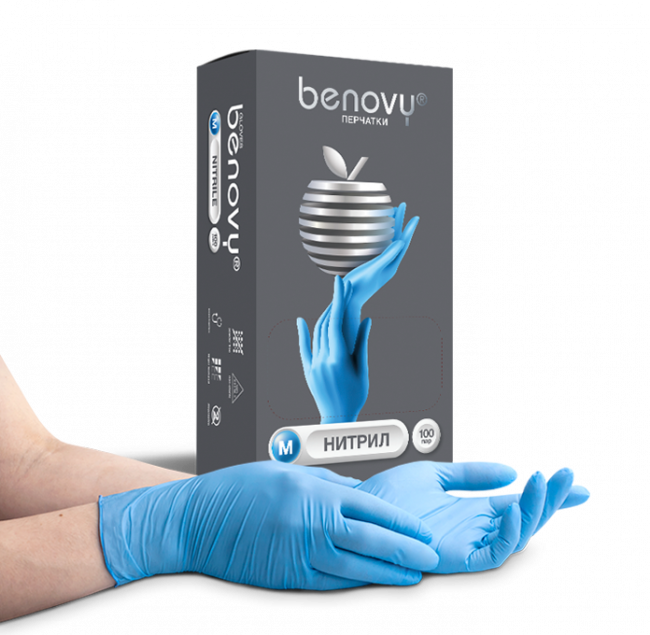 Перчатки нитриловые смотровые КОМПЛЕКТ 50 пар (100 шт.), L (большой), голубые, BENOVY Nitrile Chlorinated