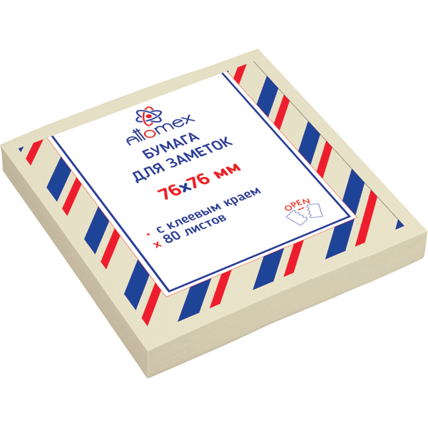 Клейкая бумага для заметок 76x76мм, 80 листов, офсет 75 г/м², желтая, Attomex
