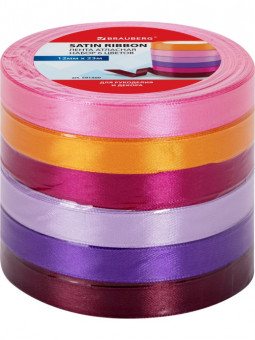 Лента атласная ширина 12 мм, набор №2 6 цветов по 23 м, BRAUBERG