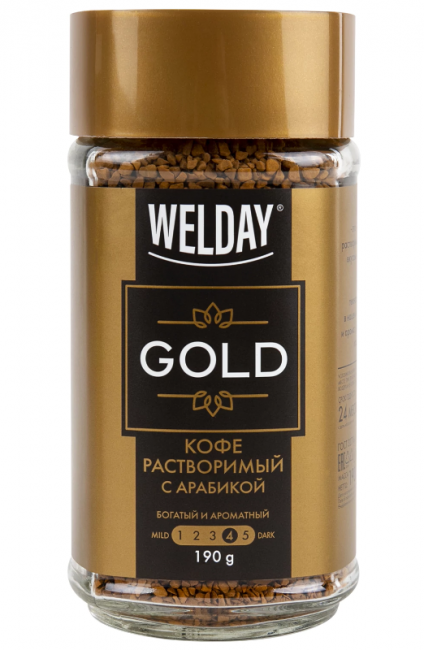 Кофе растворимый WELDAY (ВЭЛДЭЙ) "GOLD" 190 г, стеклянная банка, сублимированный, 622674