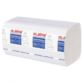 Полотенца бумажные 250 шт., LAIMA (H3) UNIVERSAL WHITE PLUS, 1-слойные, белые, КОМПЛЕКТ 15 пачек, 23х23, V-сложение