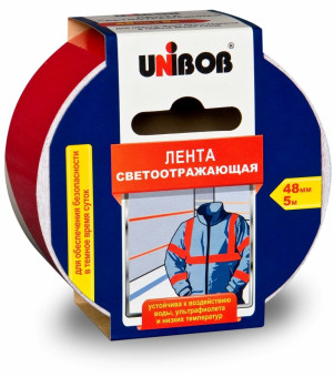 Клейкая лента СВЕТООТРАЖАЮЩАЯ 48 мм х 5 м, КРАСНО-БЕЛАЯ, износоустойчивая, европодвес, UNIBOB