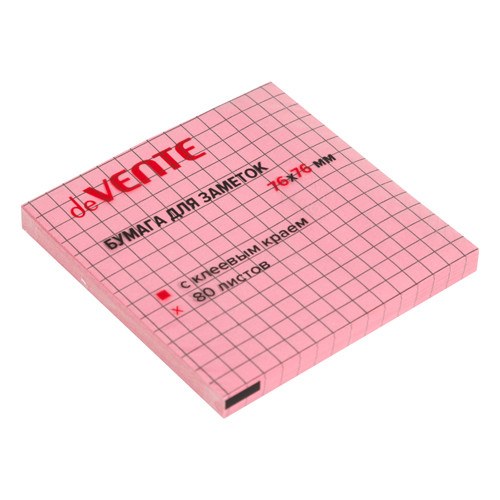 Клейкая бумага для заметок "deVENTE" 76x76 мм, 80 листов, офсет 75 г/м², розовая в клетку