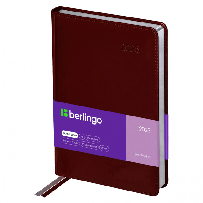 Ежедневник датированный 2025г., А5, 184л., кожзам, Berlingo "Silver Pristine", сер. срез, коричневый Ежедневник датированный 2025г., А5, 184л., кожзам, Berlingo "Silver Pristine", сер. срез, коричневый