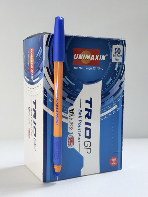 Ручка шариковая синяя 1,0мм Unimaxin "Trio GP", трехгранный корпус, грип (50)