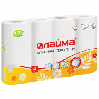 Полотенца бумажные бытовые, спайка 4 шт., 2-х слойные, (4х18 м), LAIMA, 22х23 см, белые