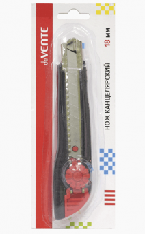 Нож канцелярский "deVENTE" 18 мм, металлические направляющие, ручная блокировка лезвия, картонный блистер, черный с красным