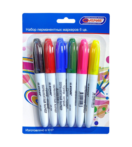 НАБОР МАРКЕРОВ острые перманентные "ASMAR" 6 цв. НАБОР МАРКЕРОВ острые перманентные "ASMAR" 6 цв.