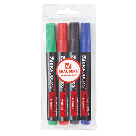 Маркеры перманентные (нестираемые) BRAUBERG, НАБОР 4 шт., АССОРТИ, "Contract", без клипа, круглые 3 мм