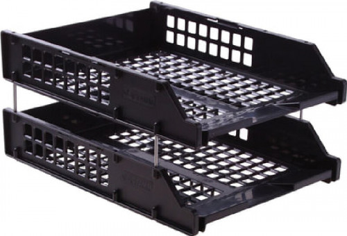 Лотки горизонтальные для бумаг, НАБОР 2 шт. (340х260х158 мм), на металлических стержнях, черные, СТАММ "Strong", ЛТ102