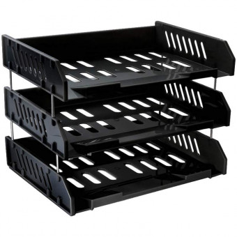 Лотки горизонтальные для бумаг, НАБОР 3 шт. (335х232х280 мм), на металлических стержнях 60 мм, черные, СТАММ "Сити"