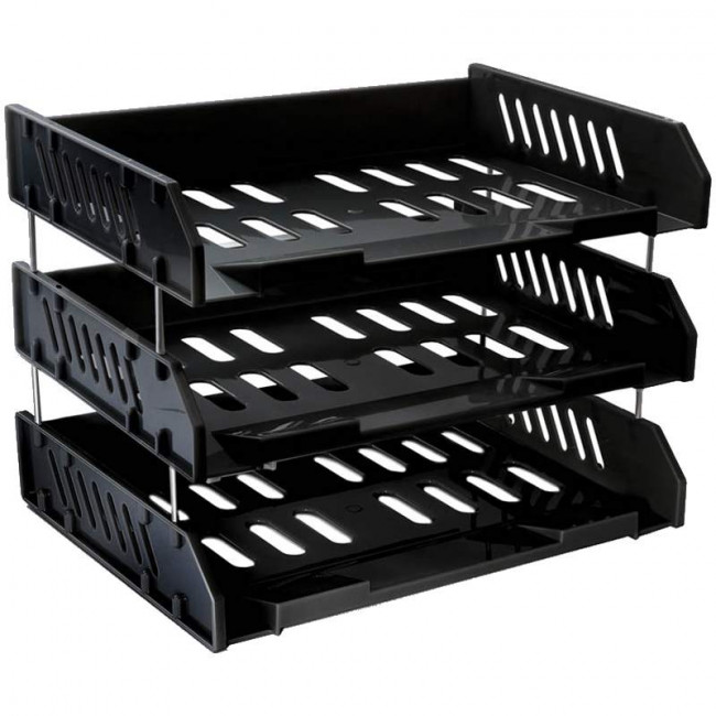 Лотки горизонтальные для бумаг, НАБОР 3 шт. (335х232х280 мм), на металлических стержнях 60 мм, черные, СТАММ "Сити"