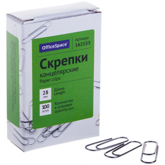 Скрепки 28мм, OfficeSpace, 100шт., карт. упак.
