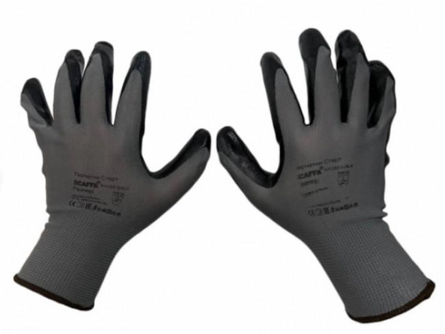 Перчатки нейлоновые SCAFFA "Старт", нитриловое покрытие (облив), размер 9, L (большой), 00-01018559