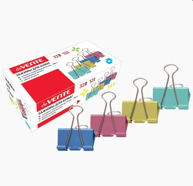 Зажимы для бумаг 32мм (12шт/уп) "deVENTE", цветной